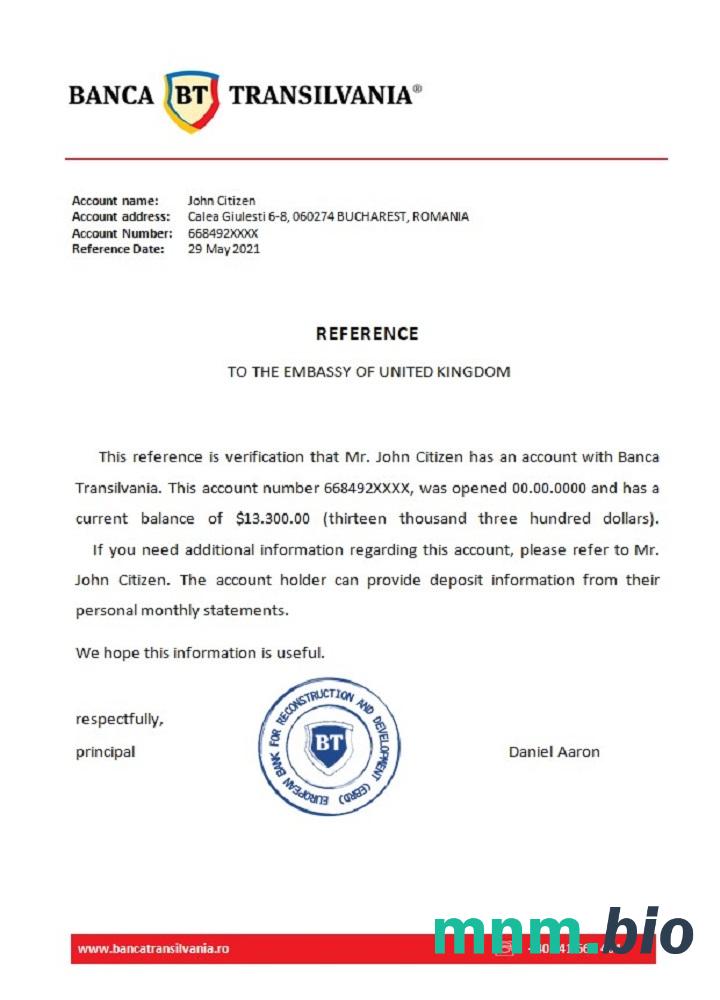 Przykład odniesienia do Rumunii Banca Transilvania w formatach Word i PDF